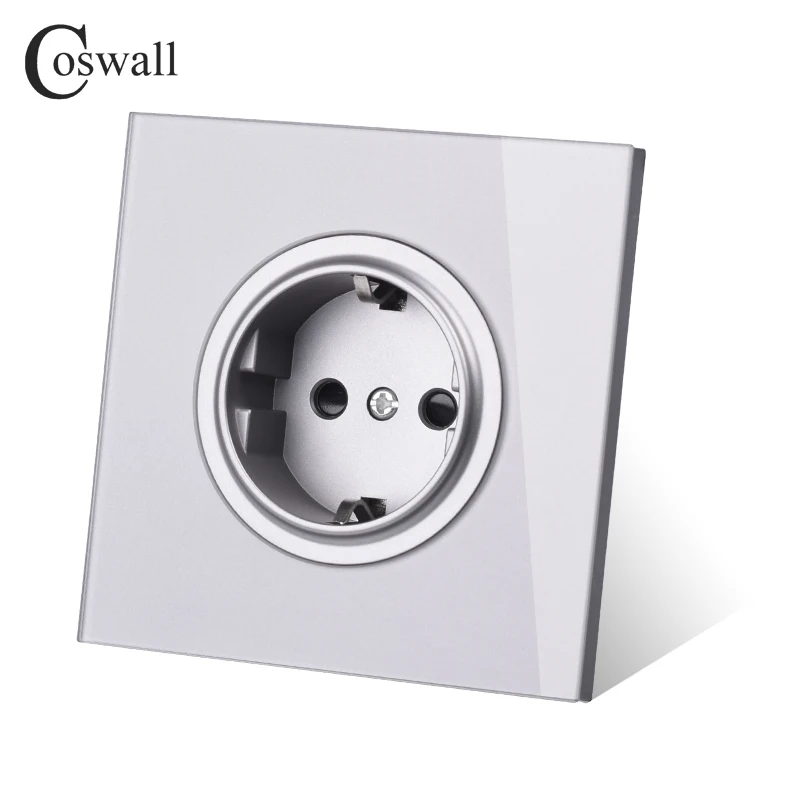 Coswall Crystal Glass Panel 16A EU Standard Wall Power Socket Outlet Grounded With Child Protective Lock Grey Gray R11 Series