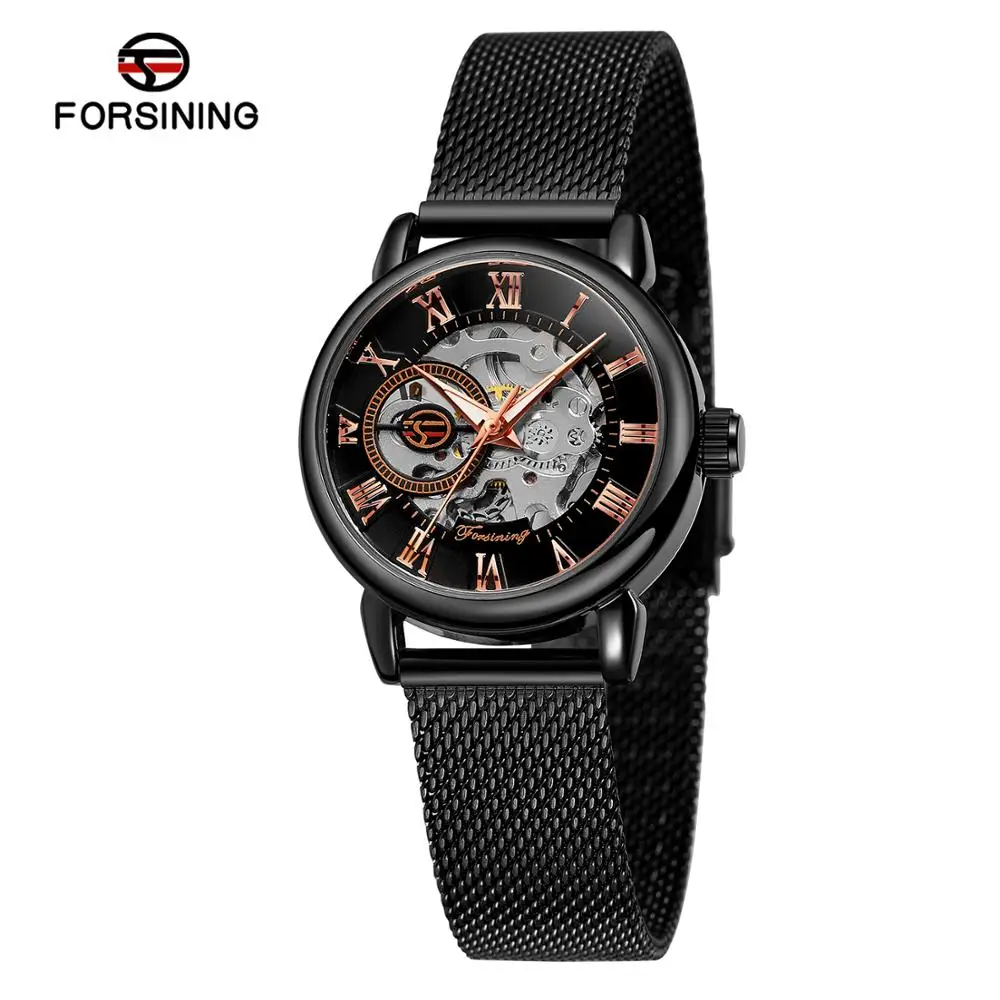 

Forsining Classic Black Rose Gold Roman Numerals Skeleton Pointer Steel Band Men's Manual Mechanical Watch