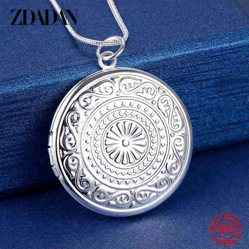 

ZDADAN 925 Sterling Silver Round Frame Pendant Necklace 18/20/22/24inch Snake Chain For Women Fashion Wedding Jewelry Gift