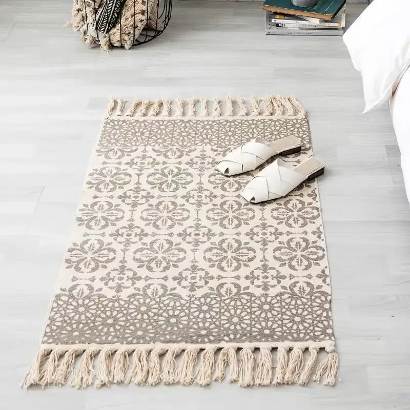 Alfombrilla de algodón y lino de estilo bohemio para sala de estar, alfombrilla de suelo de estilo bohemio para el suelo de la antigua para dormitorio