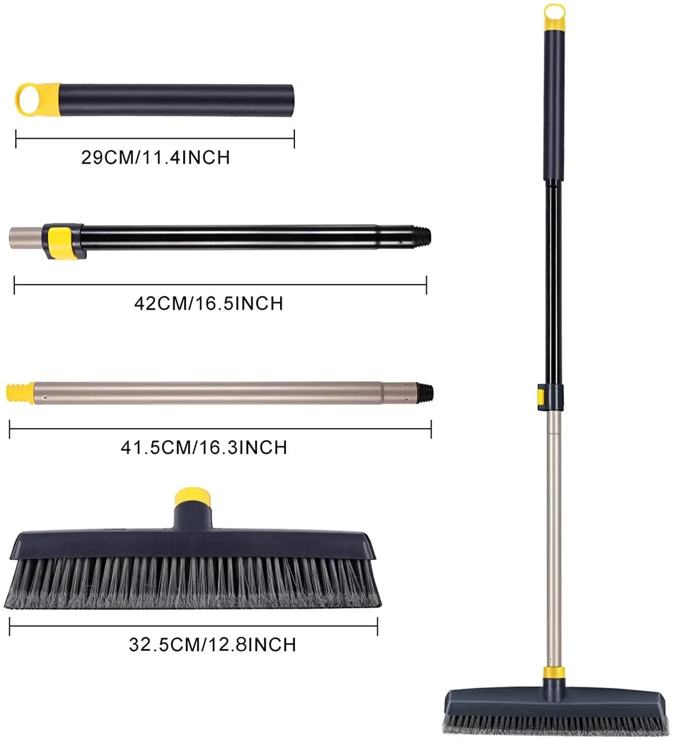 Eyliden Push Broom Brush Stiff Bristles with 12.8in Long Pole Broom Head Telescopic Heavy-Duty Outdoor Commercial