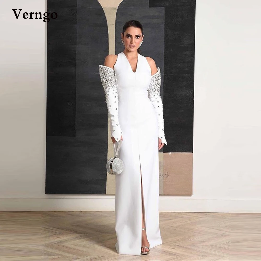 Verngo Modern White Celebrity Dresses With Crystal Sleeves Beads V Neck Slit Long Evening Dress Dubai Women Formal Prom Dress