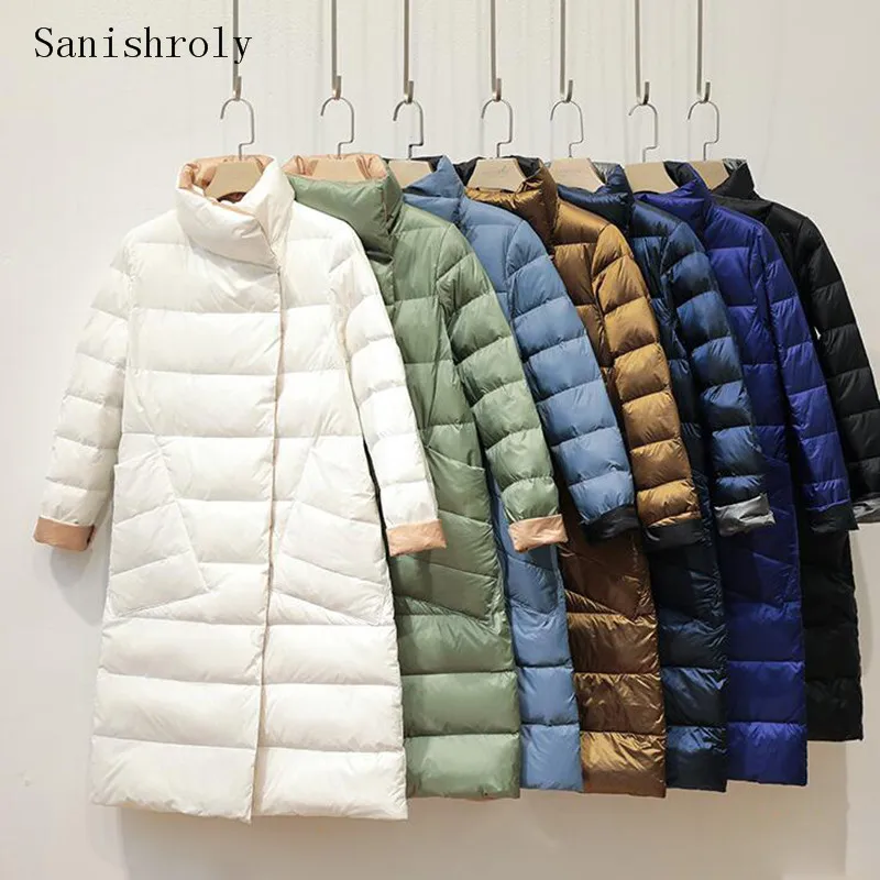 Sanishroly 5XL New Autumn Winter Women Long Down Jackets Reversible Puffer Jacket Casual Ultra Light White Duck Down Coat Parkas