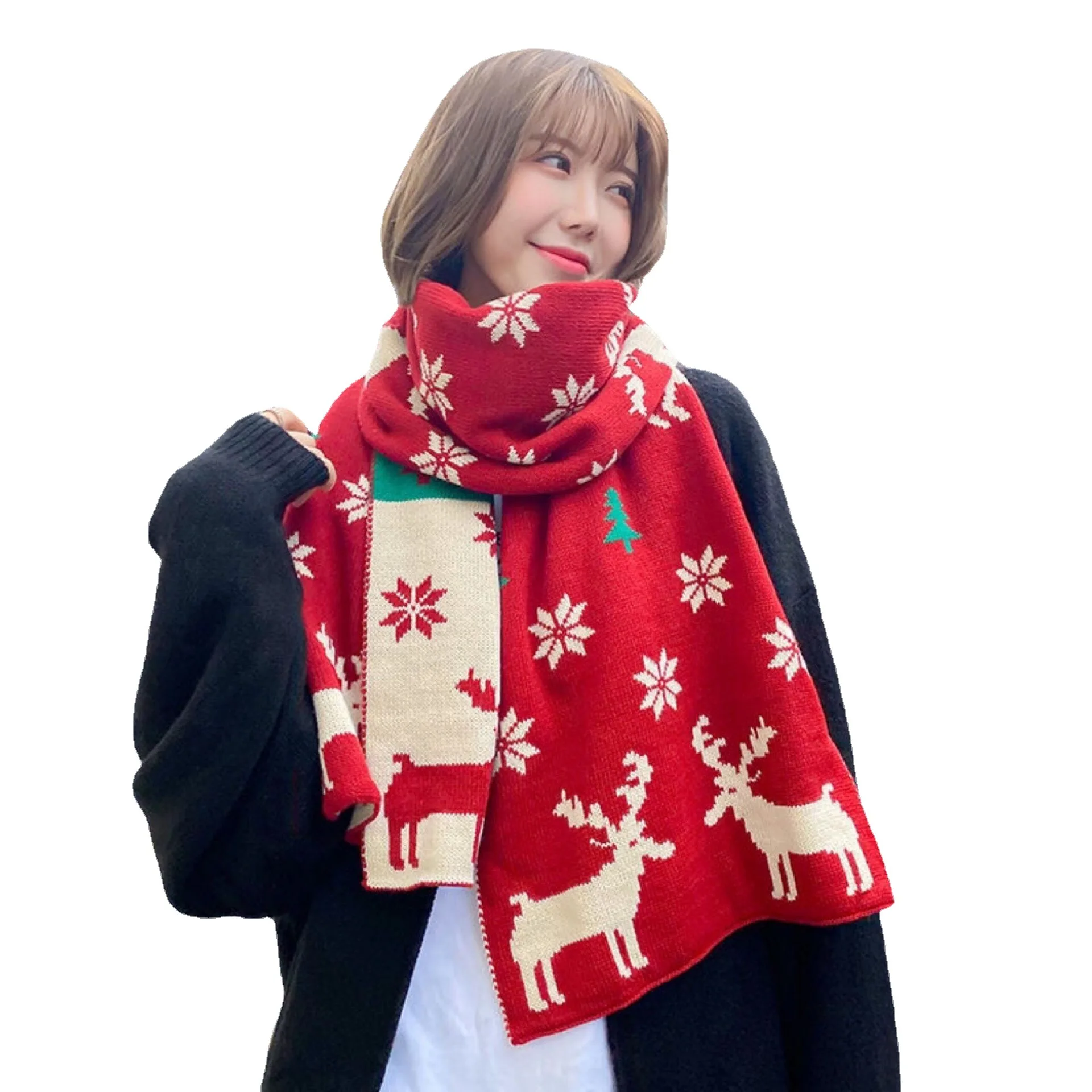 

Christmas Scarf 2021 Autumn And Winter New Knitted Wool Christmas Elk Printed Extended Fashion Warm Scarf