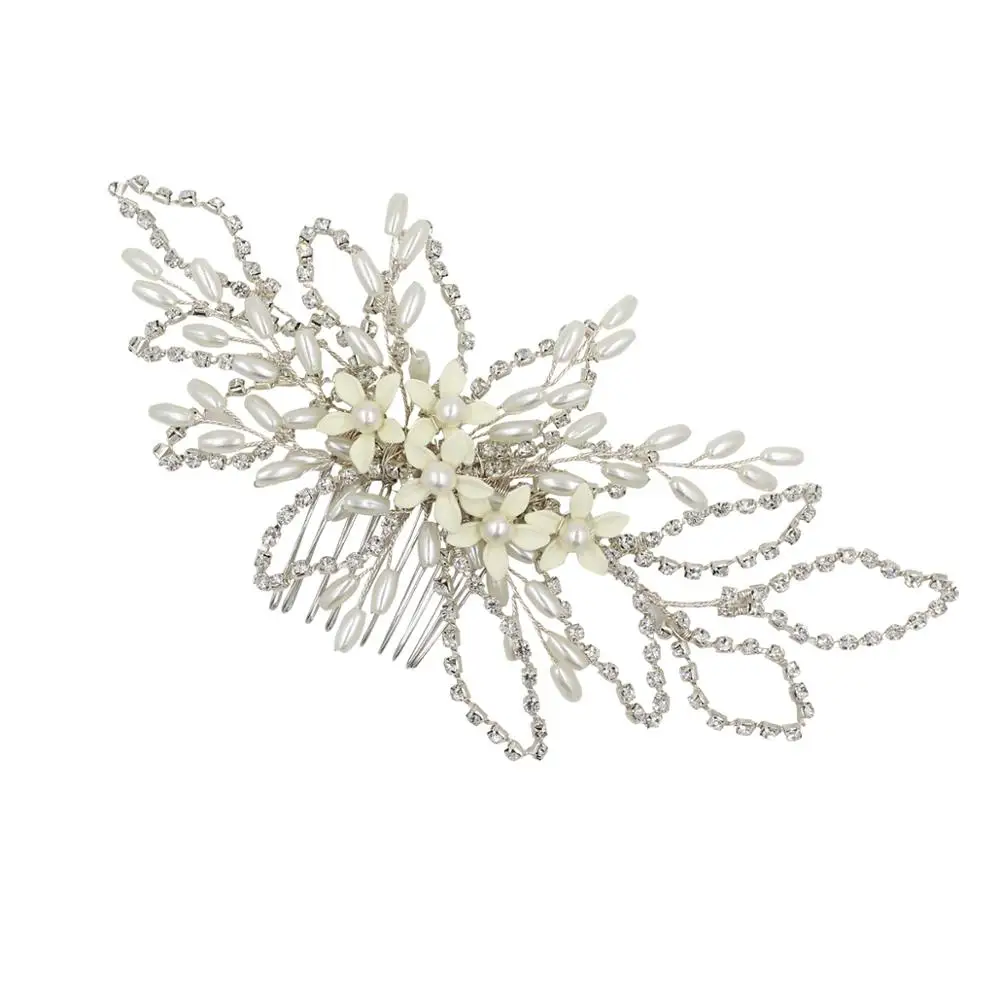 O562 Korean Style Ivory White Flowers Chains Bridal Hair Comb rhinestone wedding beaded decorative hair comb