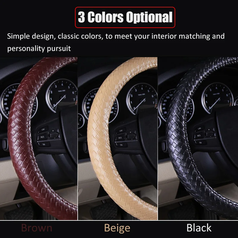 Karcle Braiding Style Steering Wheel Cover Protector PU Leather Woven Pattern Steering Cover Universal 15 Inch Car Styling