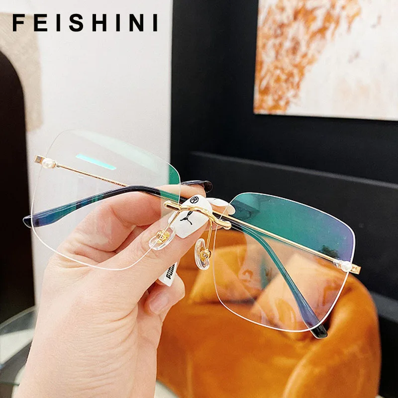 

Feishini Anti Blue Light Glasses Blocking Filter Reduces Eyewear Rimless Strain Clear Gaming Square Glasses Women Oversized