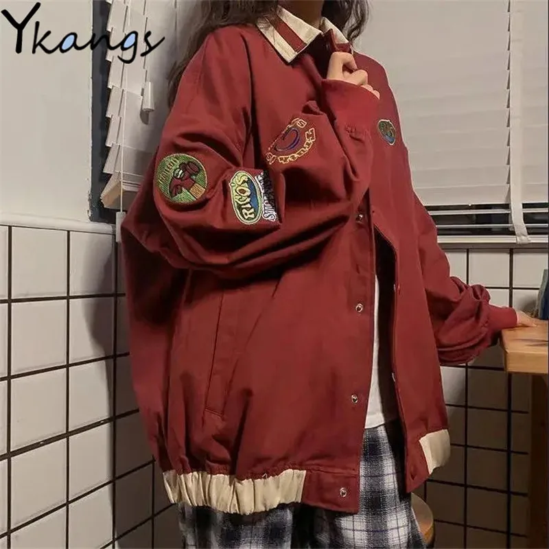 

Street Style Printed Lapel Women Baseball Uniform Korean Stitching Long-sleeved Ladies Jacket Y2k Loose Single-breasted Cardigan