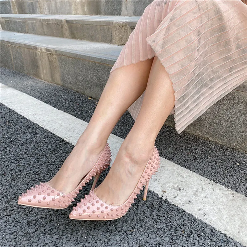 Tikicup Full Spikes Women Nude Patent Pointy Toe High Heels Sexy Ladies Slip On Stilettos Studs Pumps Wedding Party Dress Shoes