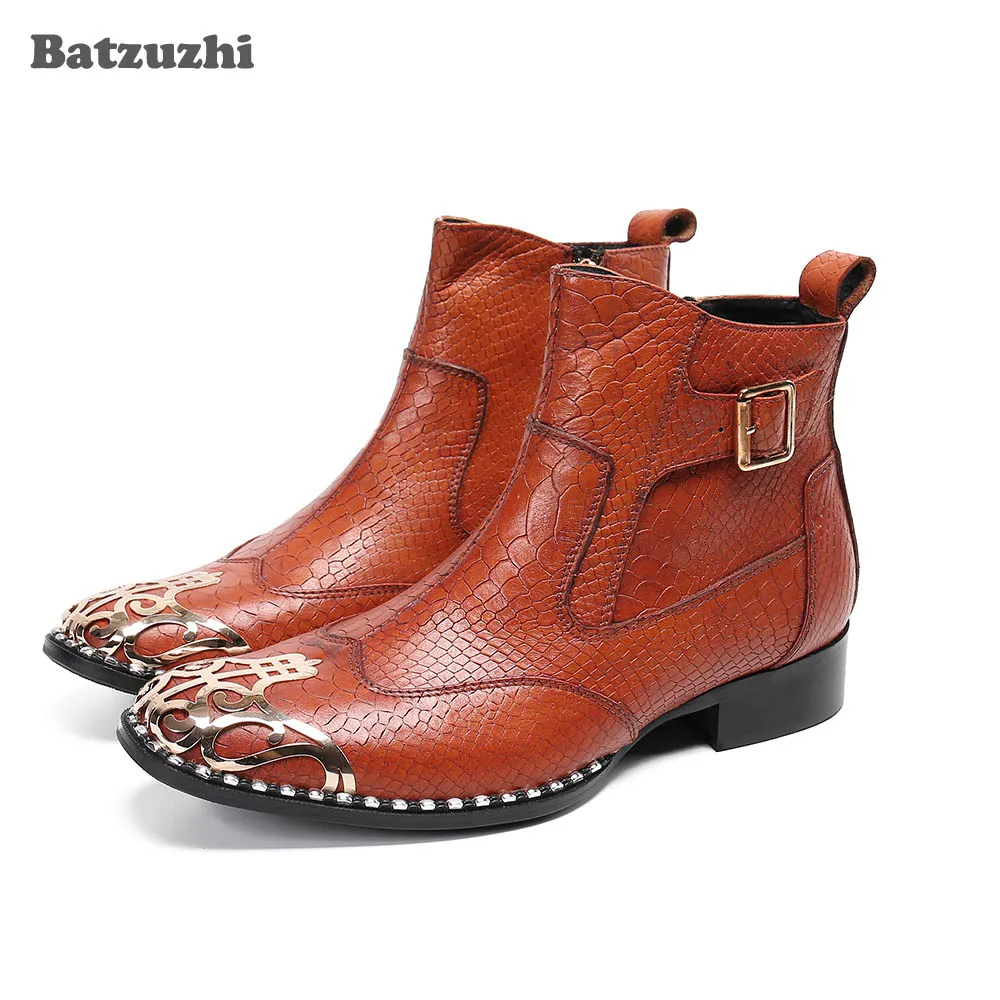 Batzuzhi Rock Men's Boots Personality Metal Toe Genuine Leather Ankle Boots Men Brown Motorcycle/Business Botas Hombre,US6-12