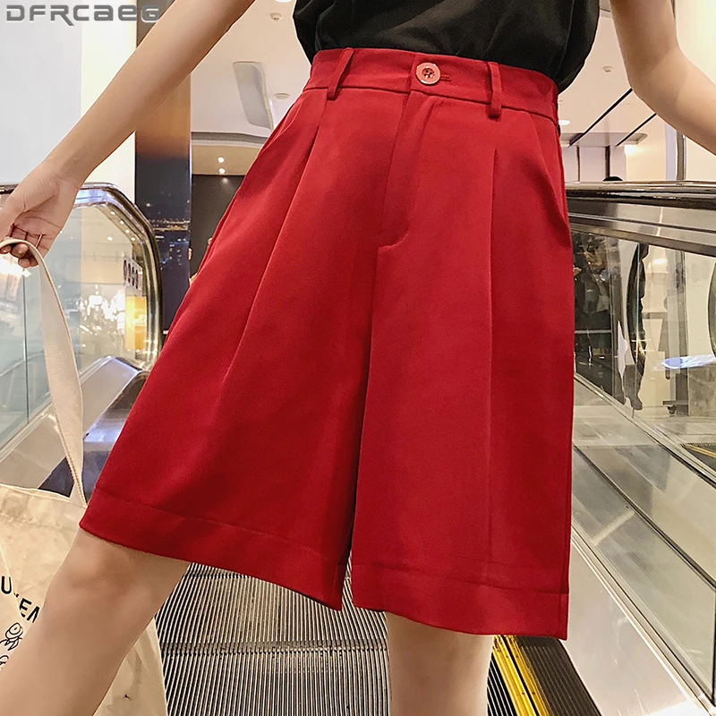 New 2022 Plus Size Bermuda Shorts For Women Fashion Summer Solid Black Red Ladies Shorts Knee Length Loose Wide Leg Short Femme