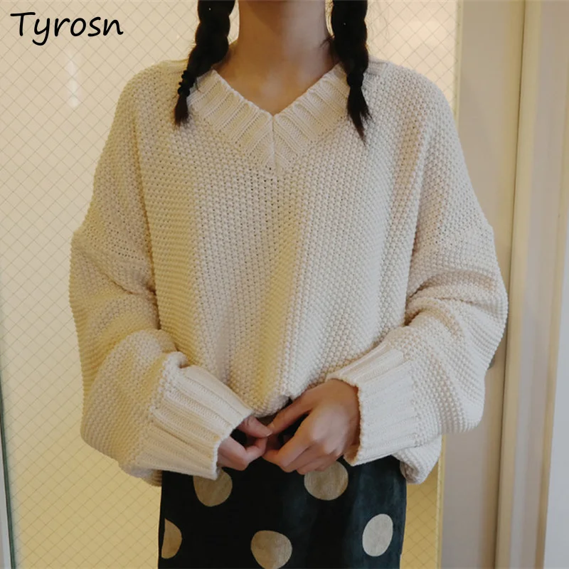 

Pullovers Women Retro Korean Fashion V-neck Thicker Sweaters Warm Casual All-match Long Sleeve Knitted Pullover Mujer Hot Sale