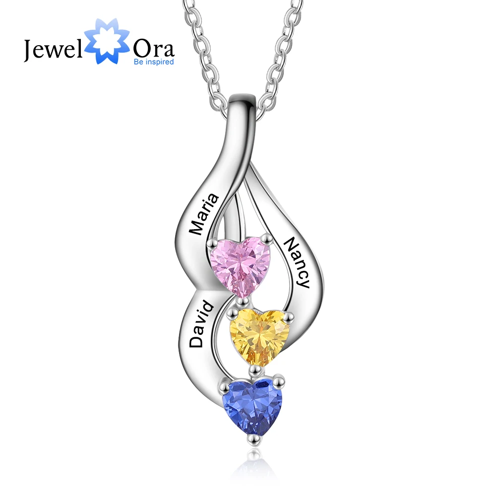 JewelOra Personalized Engravable Name Necklaces for Women Custom 3 Heart Birthstone Pendants Jewelry Birthday Gifts