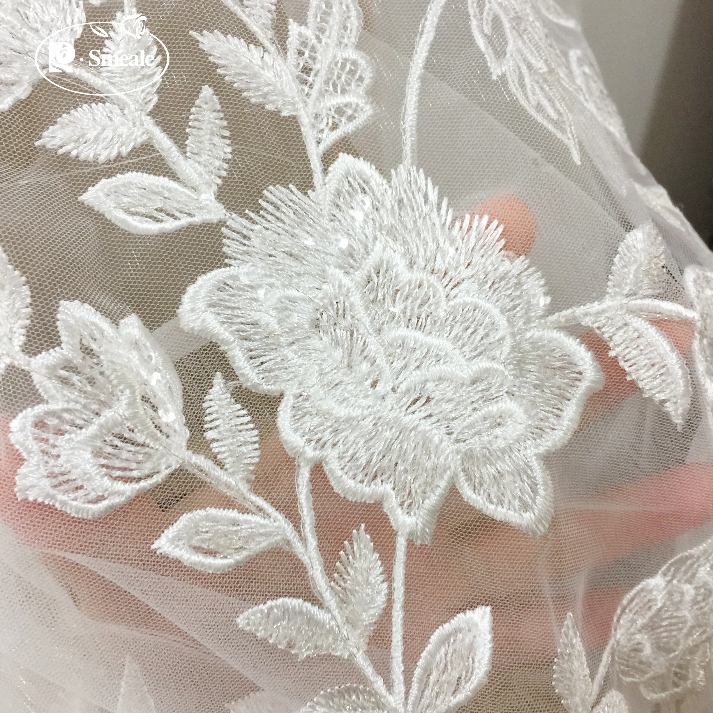 Handmade Sequined Mesh Embroidery Lace Fabric, DIY Wedding Dress, Flower Lace Accessories, RS3677