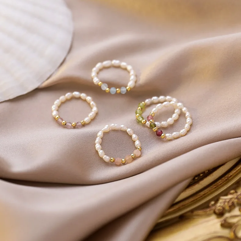 Energy Crystal Tourmalines Quartz Finger Rings Small Pearls Beaded Knuckle Rings Elegant Natural Freshwater Pearl Rings Women