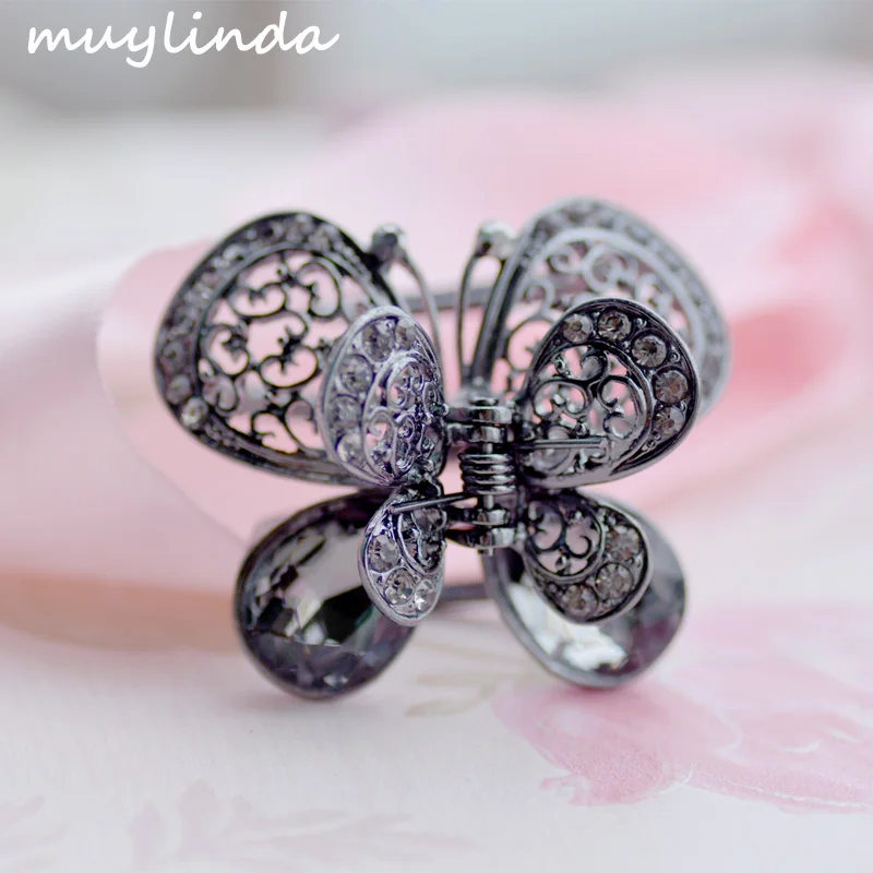 Vintage Rhinestone Butterfly Hair Claw Crab Crystal Embellished Medium Hair Clip Open Sides Hair Accessories For Women