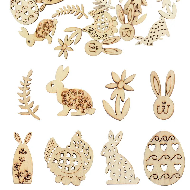 

50/100pcs Easter Wooden Craft Cute Rabbit Chick Eggs Flower Wood Pieces DIY Wood Chips Happy Easter Party Home Table Decorations