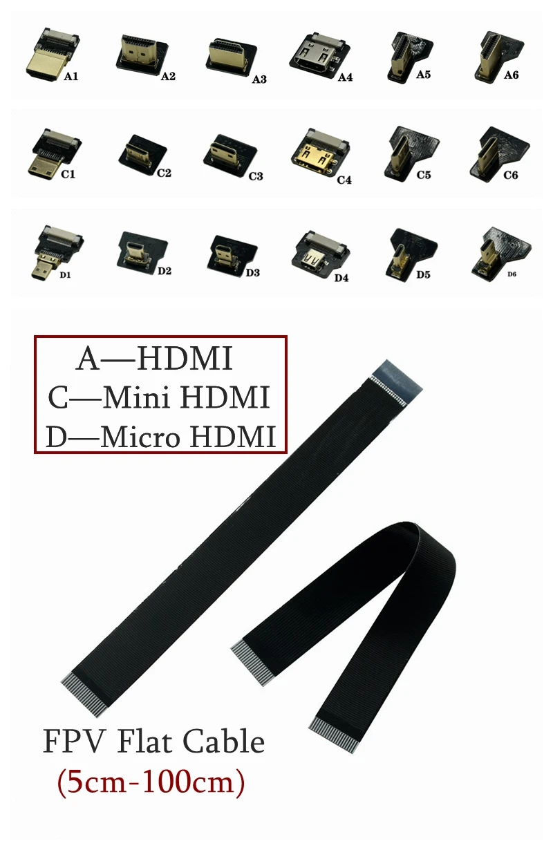 Wstążka płaska FPV kompatybilny z HDMI kabel Micro HD do Mini HDMI 90 stopni Adapter 5cm-80cm FPC Pitch 20pin złącze wtykowe