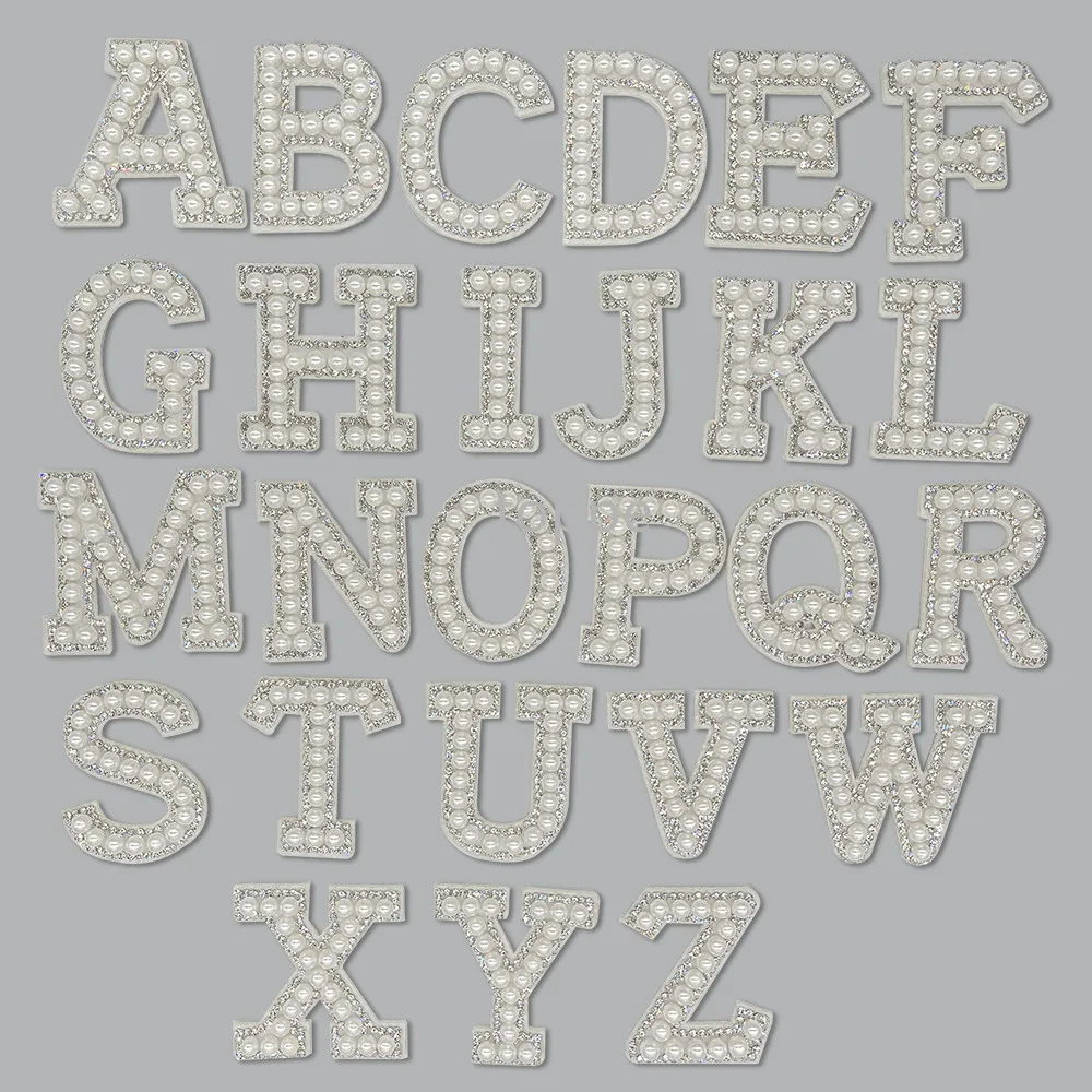 Silver Pearl Rhinestone English Letter Patches Bride MOM Iron on Stickes Applique 3D Handmade Beaded Diy name Cute Stripe