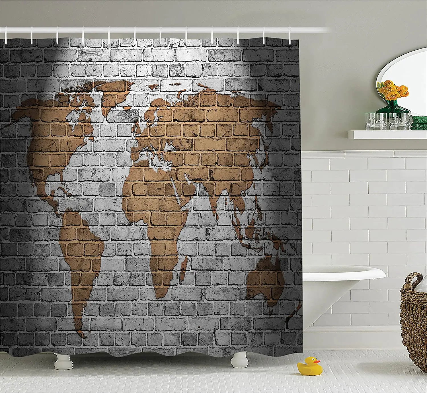 Wanderlust Decor Shower Curtain Set World Map On Old Brick Wall Countries Continents Creative Aged Vintage Rough Bathroom