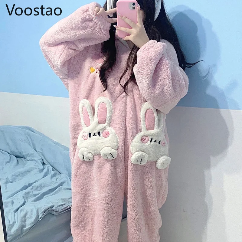 Autumn Winter Women Cute Onesies Pajamas Coral Fleece Warm Cartoon Rabbit Ears Hooded Sleepwear Girls Sweet Home Clothes Pyjamas