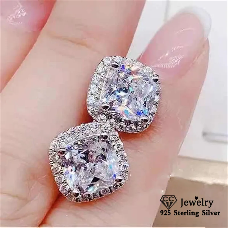 CC 925 Silver Needle Sterling Stud Earrings Women\'s Fine Jewelry Bridal Wedding Cubic Zirconia Square Engagement Earrings CCE643