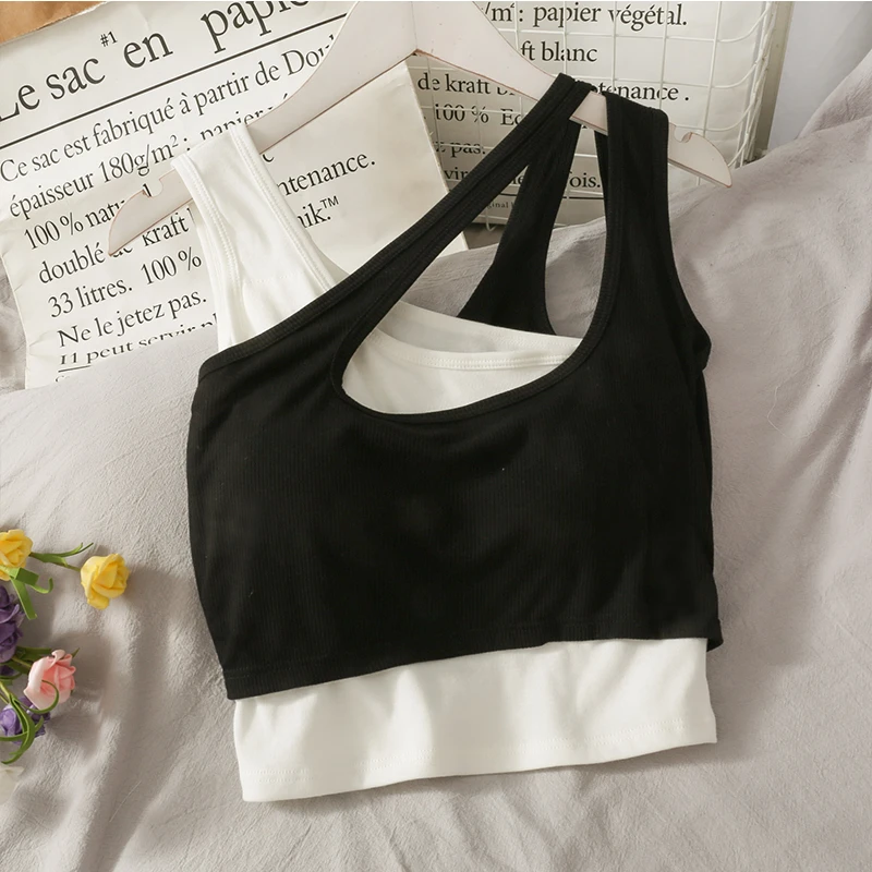 2021 Summer Women Patchwork One-piece Tank Crop Tops Girls Connected Padding Camisole Sleeveless Irregular T-shirts Tees