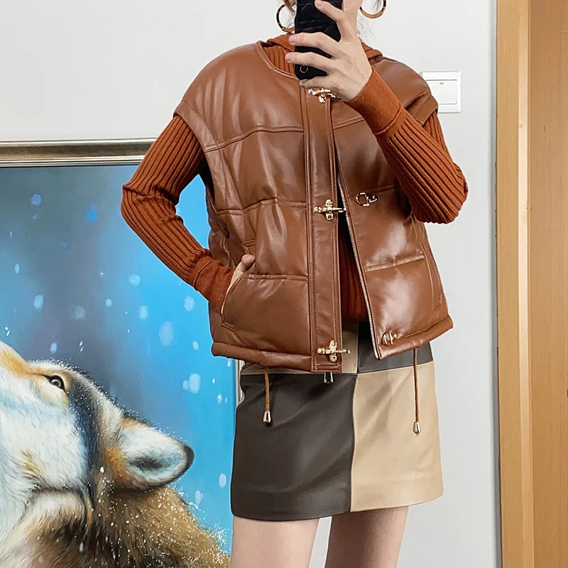 2023 New Arrival Women Fashion 100% Genuine Leather Down Vest