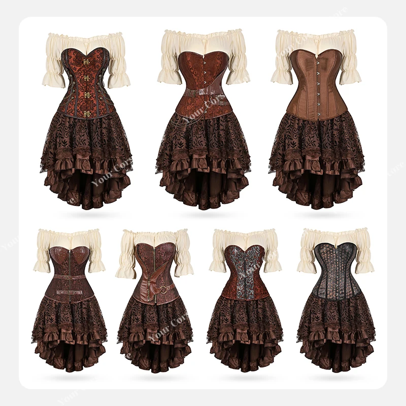 Steampunk Brown Corset Skirt with Shorts Ruffles Gothic Corset Dress Plus Size Leather Corset Pirate Costume for Women