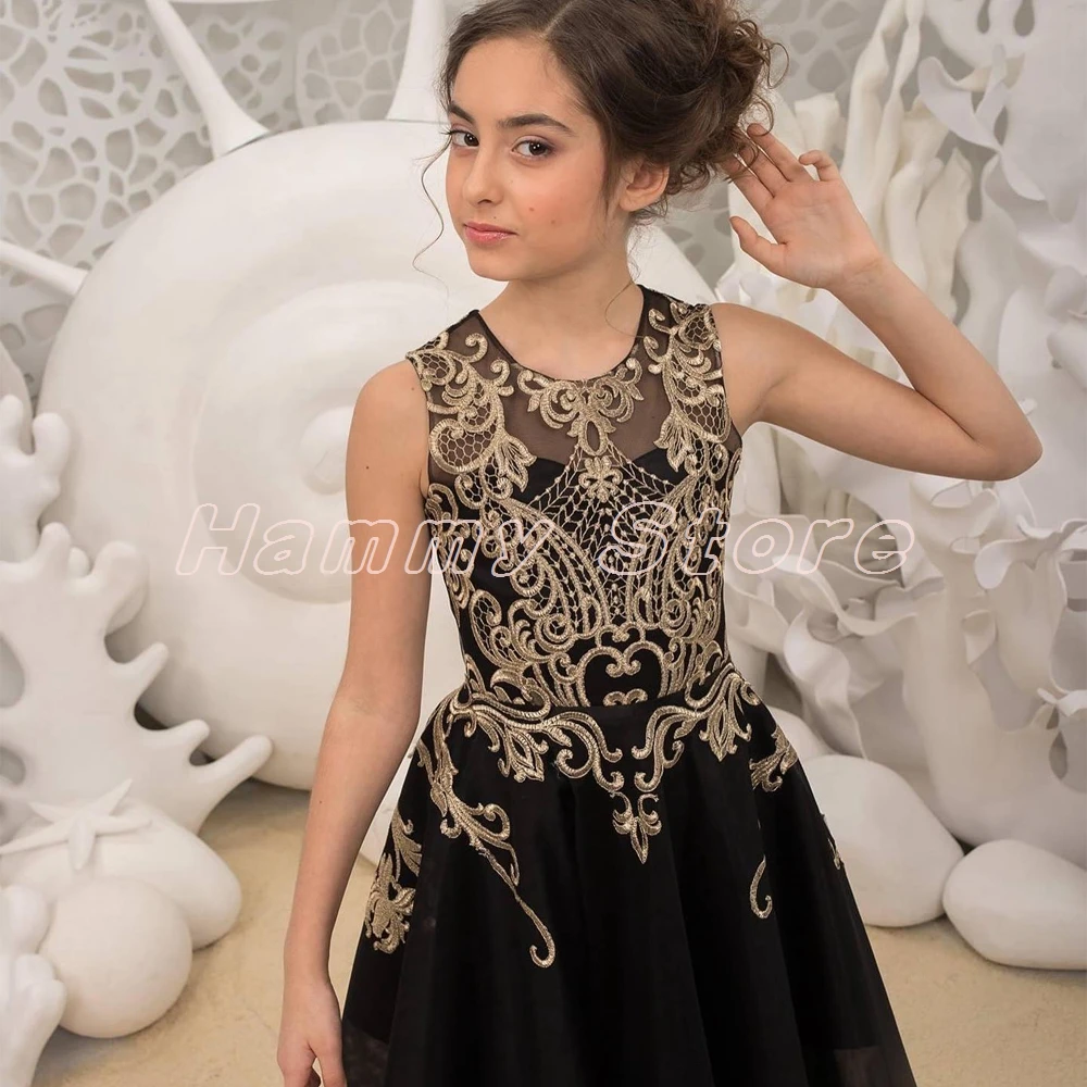 Vestido De Menina Flor Com Applique De Ouro, Mangas O-Pescoço, Até O Chão, A Linha Vestidos De Festa, Vestidos Pageant, Preto, Tamanho Personalizado