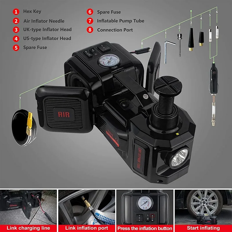 12V 3 in 1 Electric Car Jack Kit 5Ton Electric Hydraulic Jack With Impact Wrench Compressor LED Light Portable Lift Tool For Car