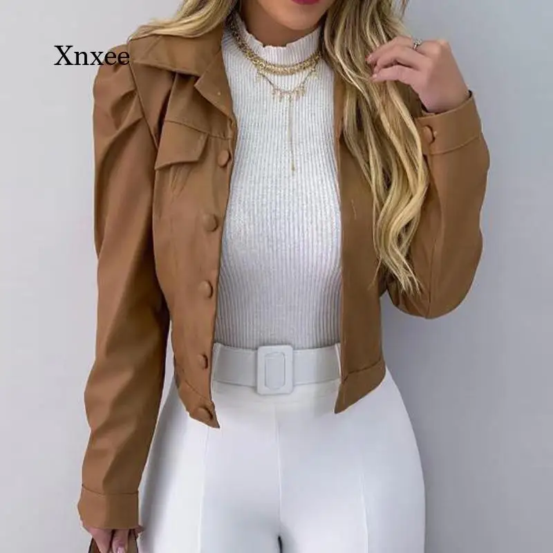 Women's Jacket Autumn Pu Leather Pleated Women's Short Jacket Long-Sleeved Lapel Single-Breasted Women's Jacket Pure Color Casua