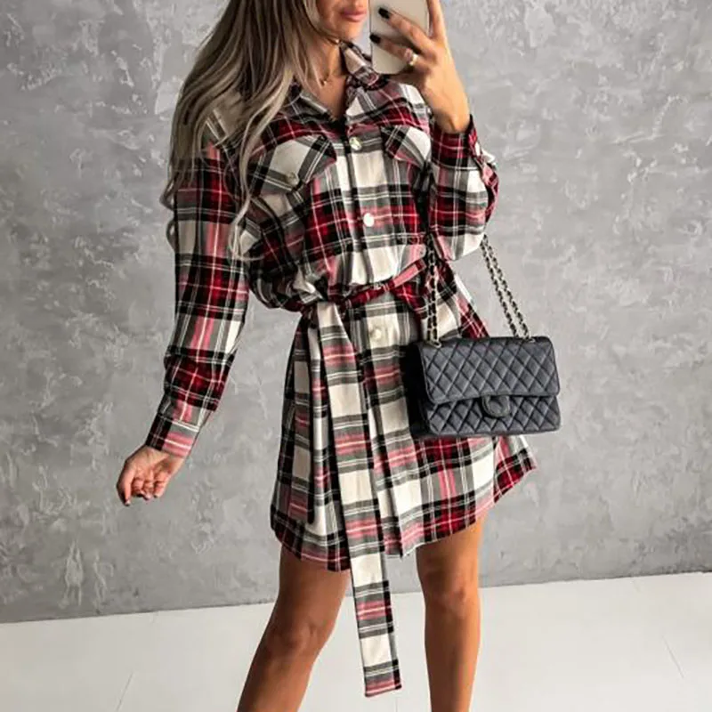 Retro Plaid Gedrukt Vrouwen Knoppen Shirt Jurk Dame Elegante Turn Down Kraag Lange Mouw Mini Jurk Vrouwelijke Feestjurk Met riem