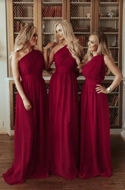 여름 쉬폰 Burgundy 들러리 드레스 Ruched vestido de fiesta de boda Платья для подружек невесты