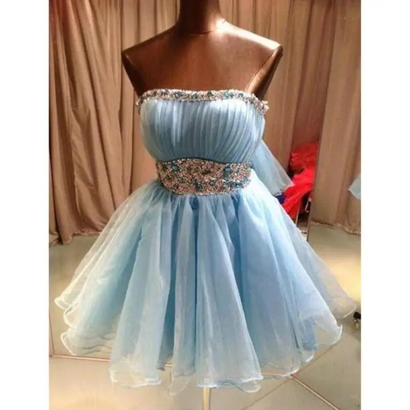 Short Blue Cocktail Dresses 2022 Luxury Crystal Beaded Top A Line Sexy Backless Strapless Junior Mini Homecoming Party Dress