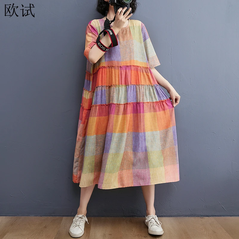 

Oversized Summer Stripped Plaid Beach Dress for Women New Fashion Ladies Dresses Long Mujer Femme Korea Style Woman Dress 2023