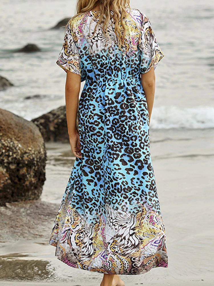 ZAFILLE Blue Leopard Sexy Bikini Cover Up Pareo Beach Women Maxi Dress Summer Swim Cover Ups Women's Tunic Beach Dress