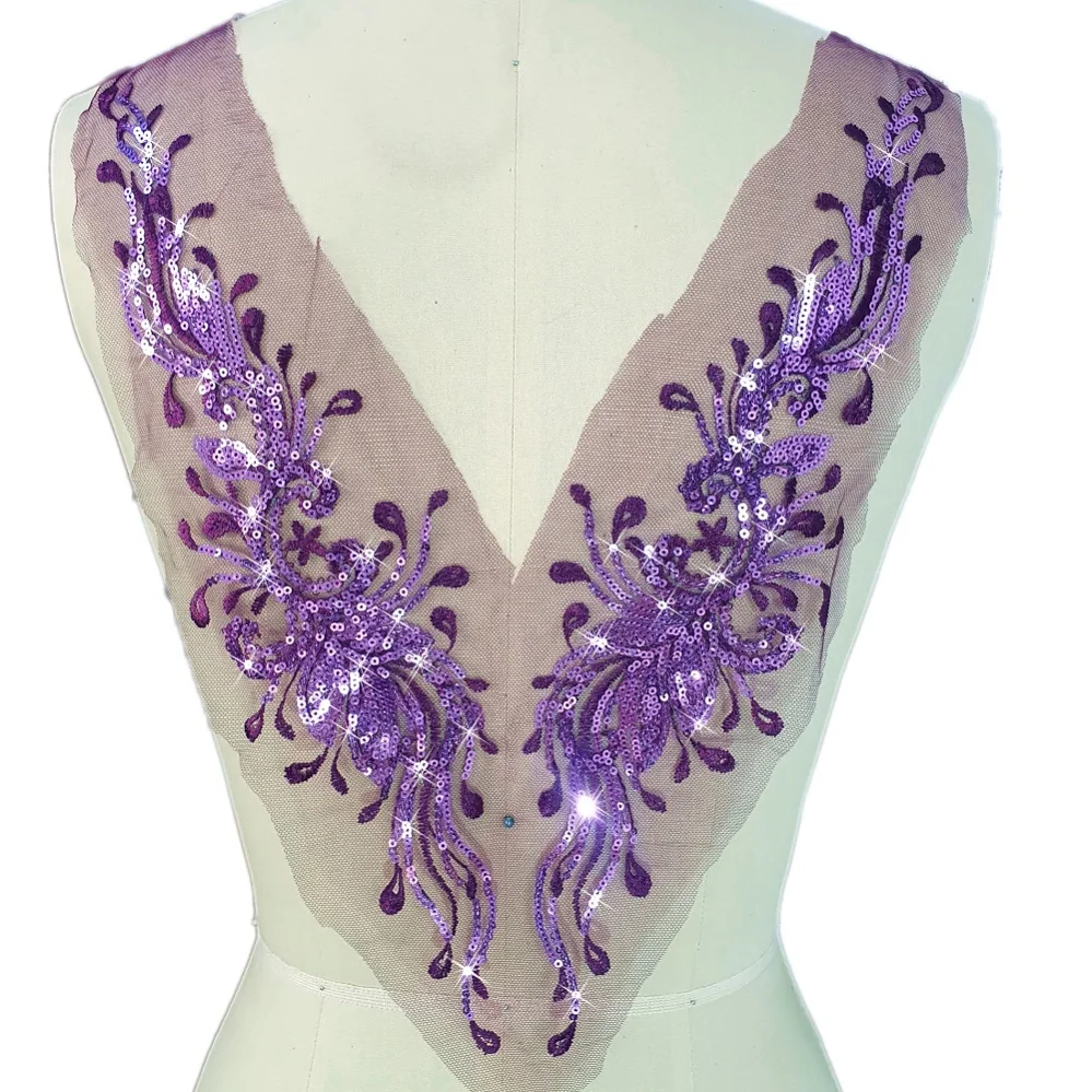 Purple Bodice Ornamental Clothes Women Lace Sew on Sequins Crystals Design Patches Appliques For Couture Gowns Costume Accessory