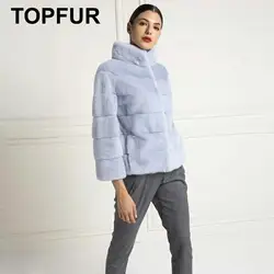 TOPFUR – manteau en fourrure de vison pour femme, veste d'hiver en cuir véritable, avec col, veste courte, grande taille, bleu clair, nouvelle collection