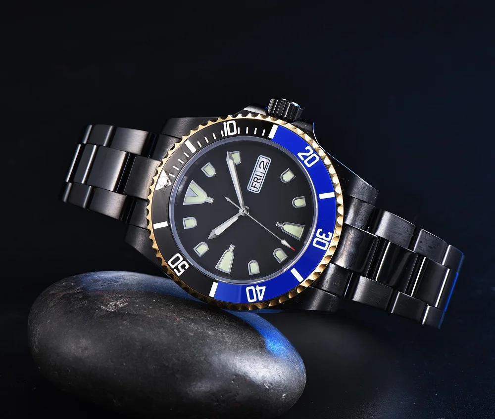 NH36A Movement Aseptic Black Surface Men's Automatic Mechanical Watch PVD Stainless Steel Case Blue Ceramic Ring Flat sapphire