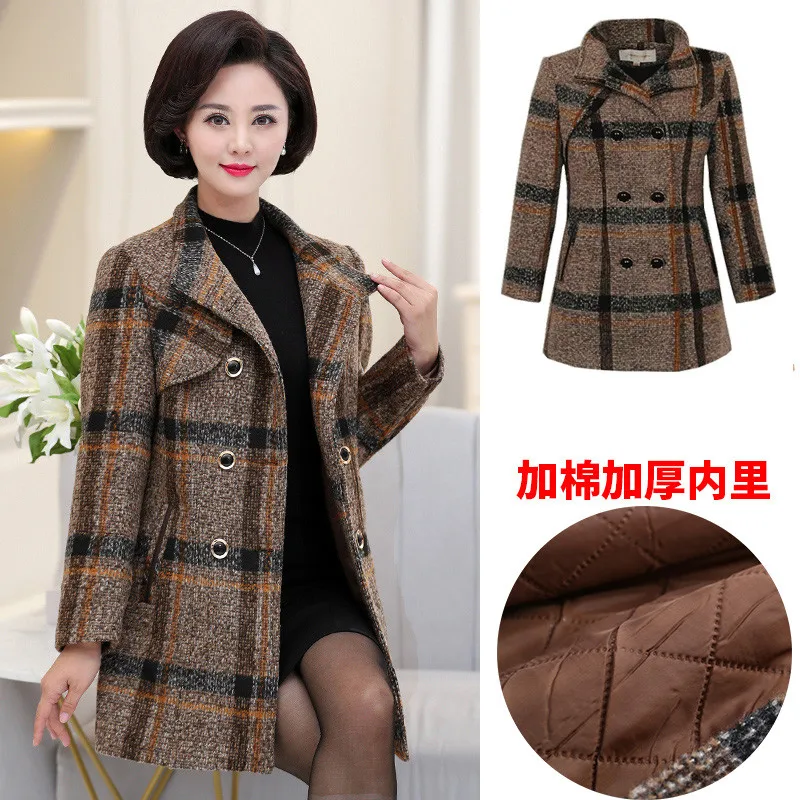 Women\'s Woolen Coat Winter Add Cotton Warm Windbreaker Jacket Temperament Mother Clothing Plaid Wool Coat 5XL W1705