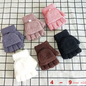 Gants d'écriture épais et chauds en velours pour enfants de 4 à 9 ans, tricot polaire, demi-doigt, manchette à rabat, pour garçon et fille, hiver, C92