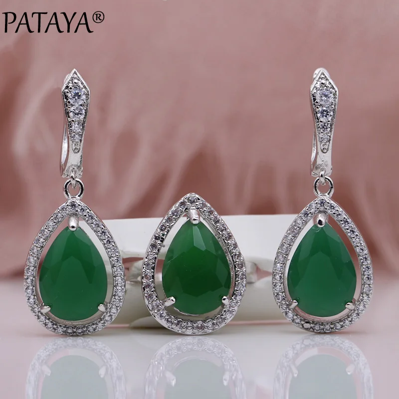 PATAYA New Water Drop Jewelry Set Light Blue Natural Zircon Earrings Ring Sets White Gold Color Women Hollow Wedding Fashion