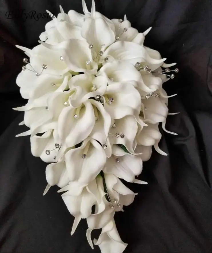 EillyRosia White Cascading Bridal Bouquet Wedding Flowers Cala Lily Tropical Tear Drop Bride Bouquet with Rhinestones Real Touch