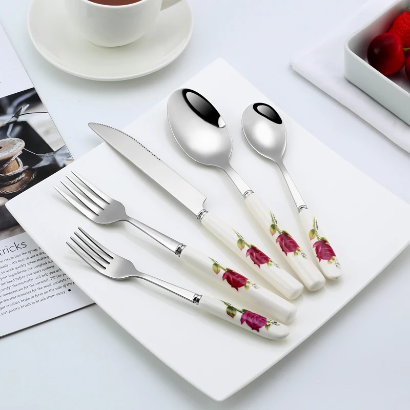 Ceramic Tableware Stainless Steel Cutlery Ceramic Handle Steak Knife Fork Spoon Cake Dessert Dinnerware Rose Flowers Pattern