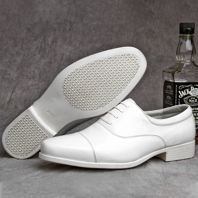 Zapatos Oxford blancos para hombre, calzado Formal con cordones y punta redonda, de cuero, para oficina y boda