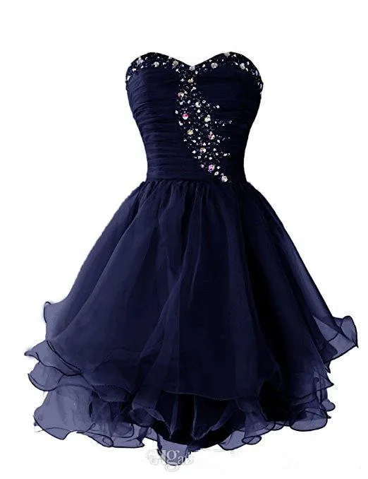 

Navy Blue Homecoming Dresses A-line Sweetheart Short Mini Organza Crystals Ruffles Elegant Cocktail Dresses