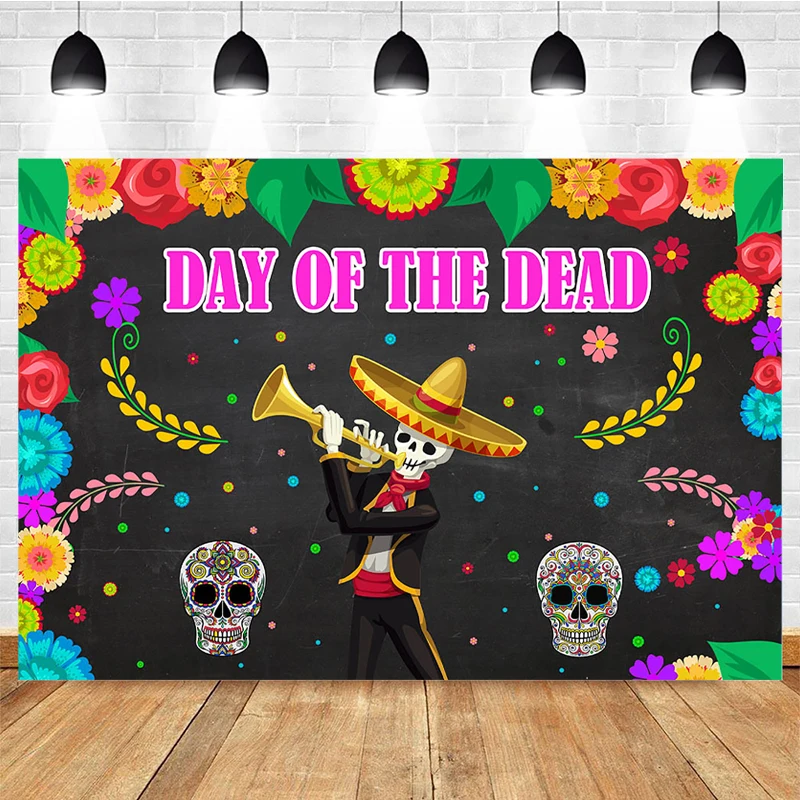 

Day of The Dead Photography Background Mexican Skull Marigold Backdrop Dress-Up Party Fiesta Banner Decoration For Photo Studio