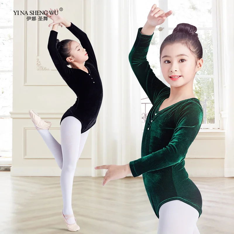 Ballet Dance Leotards Girls Long Sleeve Gold Velvet Gymnastic Dancing Costume Kids V-neck Ballet Practise Leotard for Dancewear