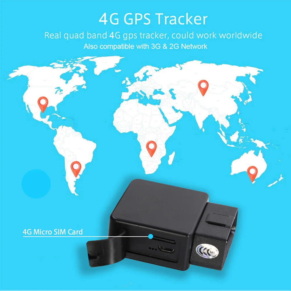 Real 4G LTE OBD GPS Tracker Real-time Tracking Car Mini Plug & Play OBD2 GPS Locator Shock & Plug-out Alarm Geofence Free App